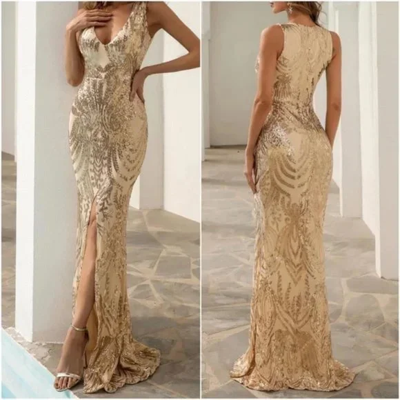 Gold sequin V-neck high slit thigh formal party dress wedding evening